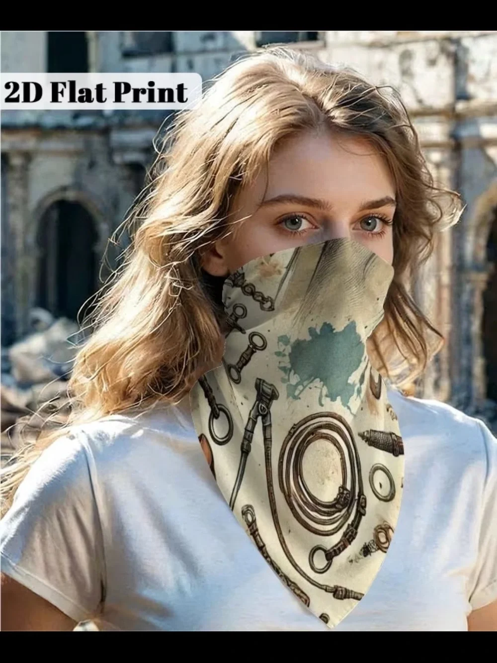Equestrian Horse Print Silk-Feel Scarf - Cream & Teal